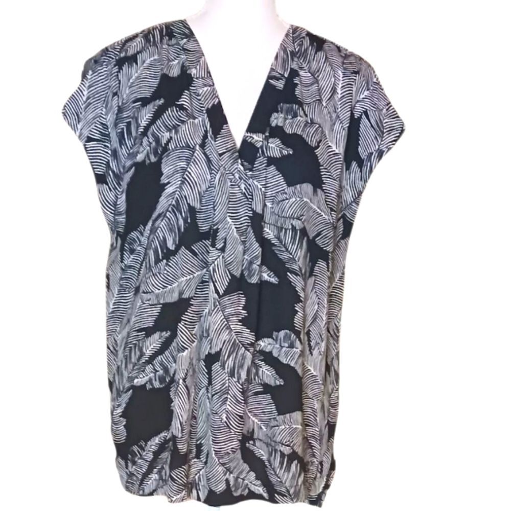 Worthington Hi-Low V-neck Sleeveless Top White Leaf Print Women's XLT